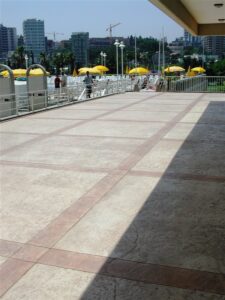 Outdoor patio with yellow umbrellas