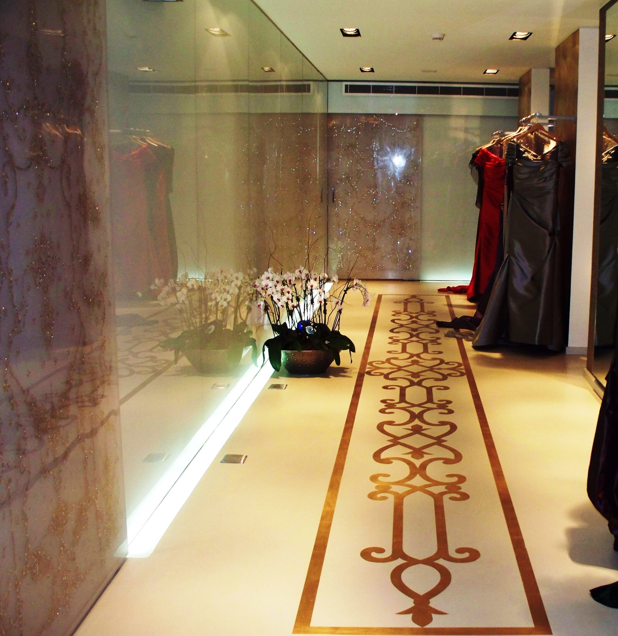 Luxurious dressing room featuring stylish gowns