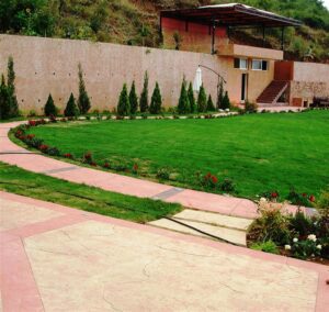 Garden with stone wall and steps