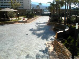 Outdoor space with paved walkway and seating