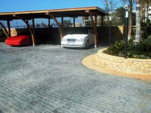 Paved parking area with cars