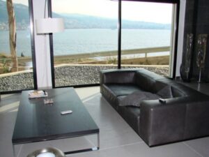 Modern living room with ocean view