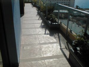 Tiled balcony overlooking the city