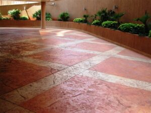 Patterned concrete flooring in garden walkway
