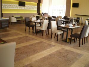 Elegant dining area with beige chairs