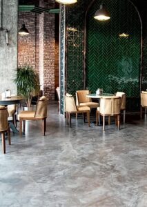 Modern cafe interior with brick walls