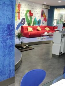 Vibrant lounge area with blue accents