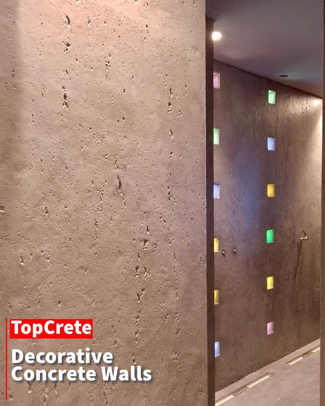 Decorative concrete wall finish with travertine texture and coloured glass blocks by TopCrete, Lebanon