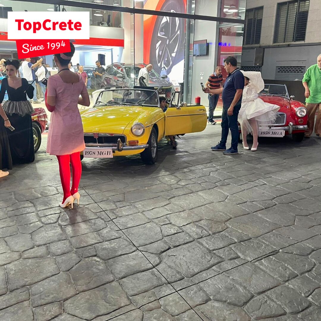 Grey stamped concrete floor at a car showroom event in Lebanon